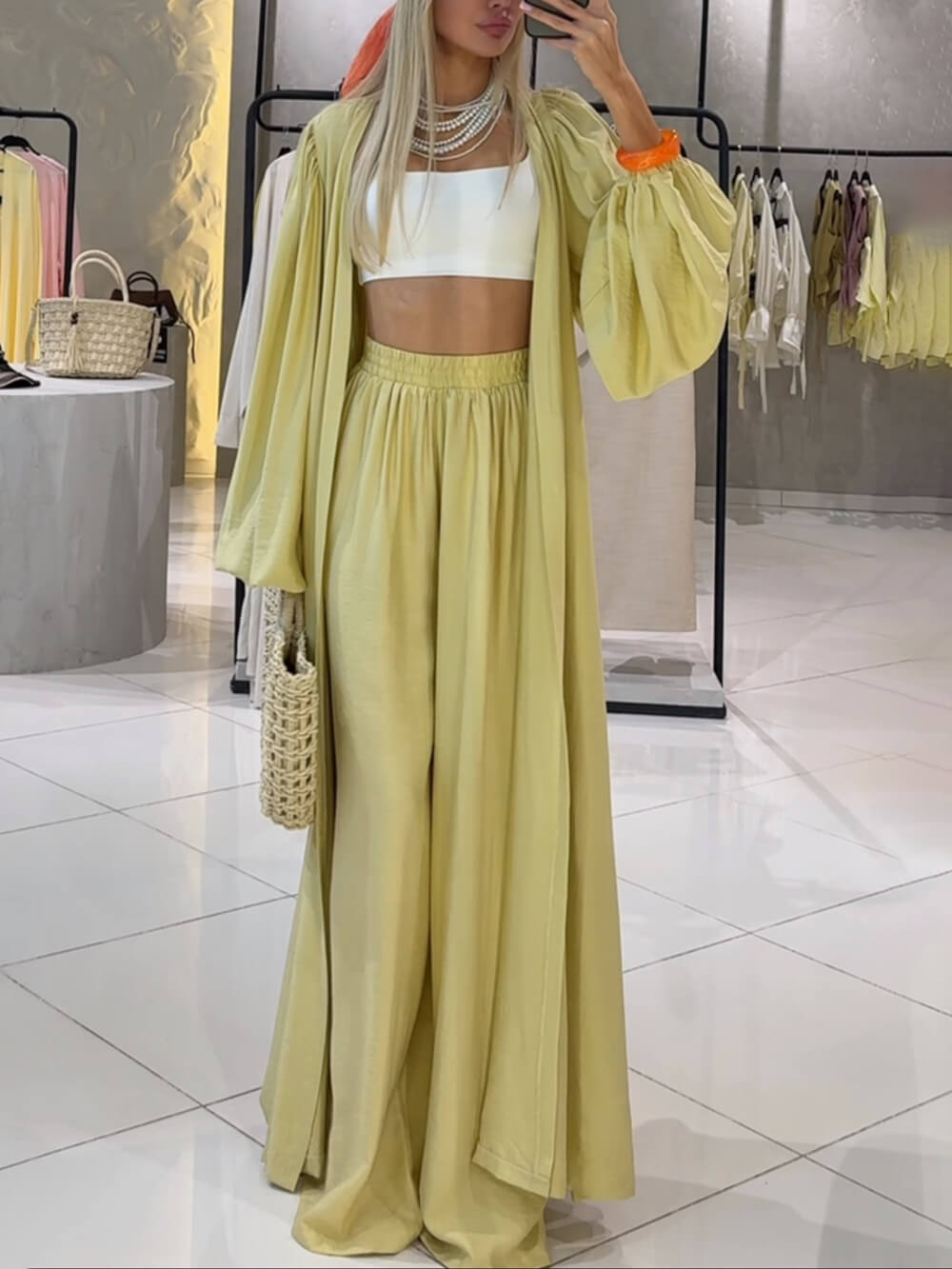 Elegant Pleated Lantern Sleeve Longline Cardigan Top for Chic Layering