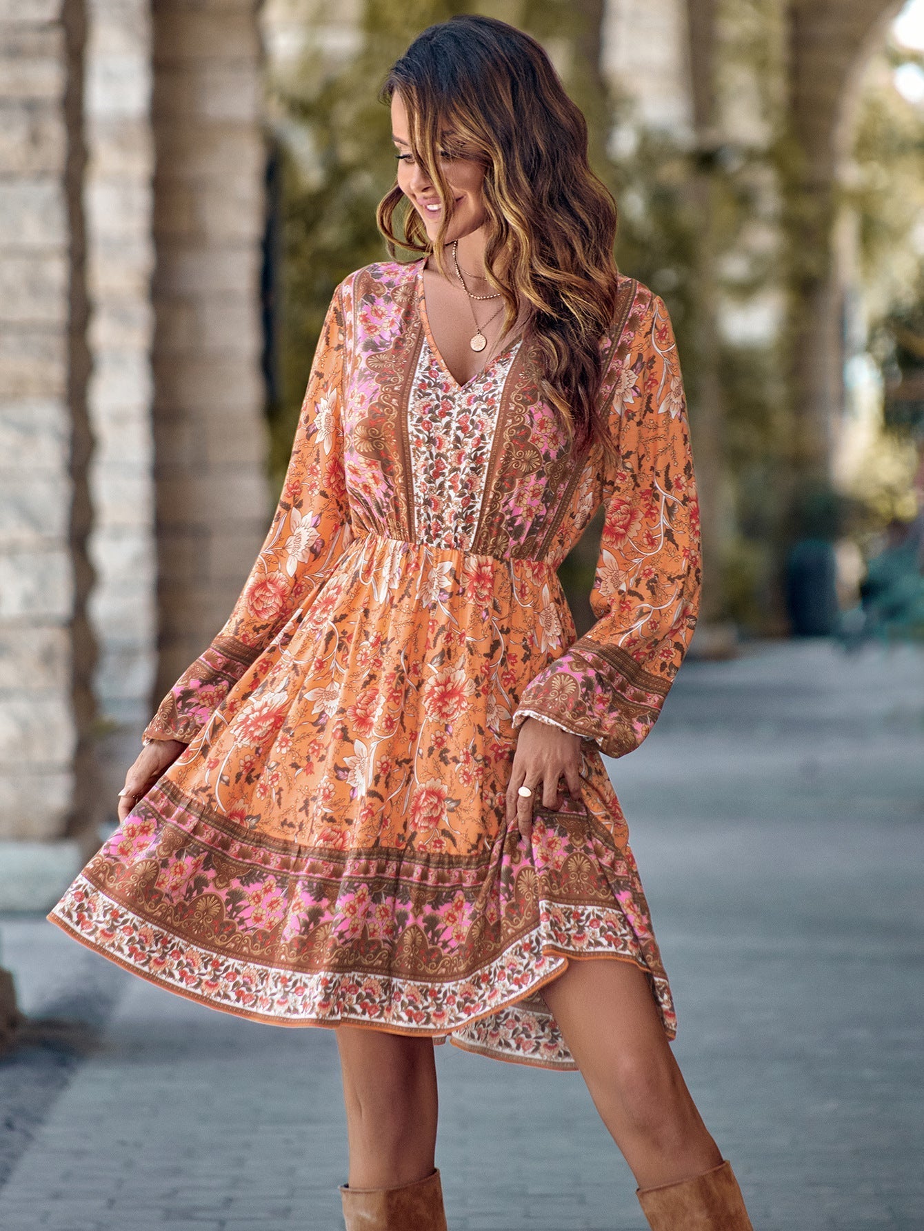 Long-Sleeved Printed Dress
