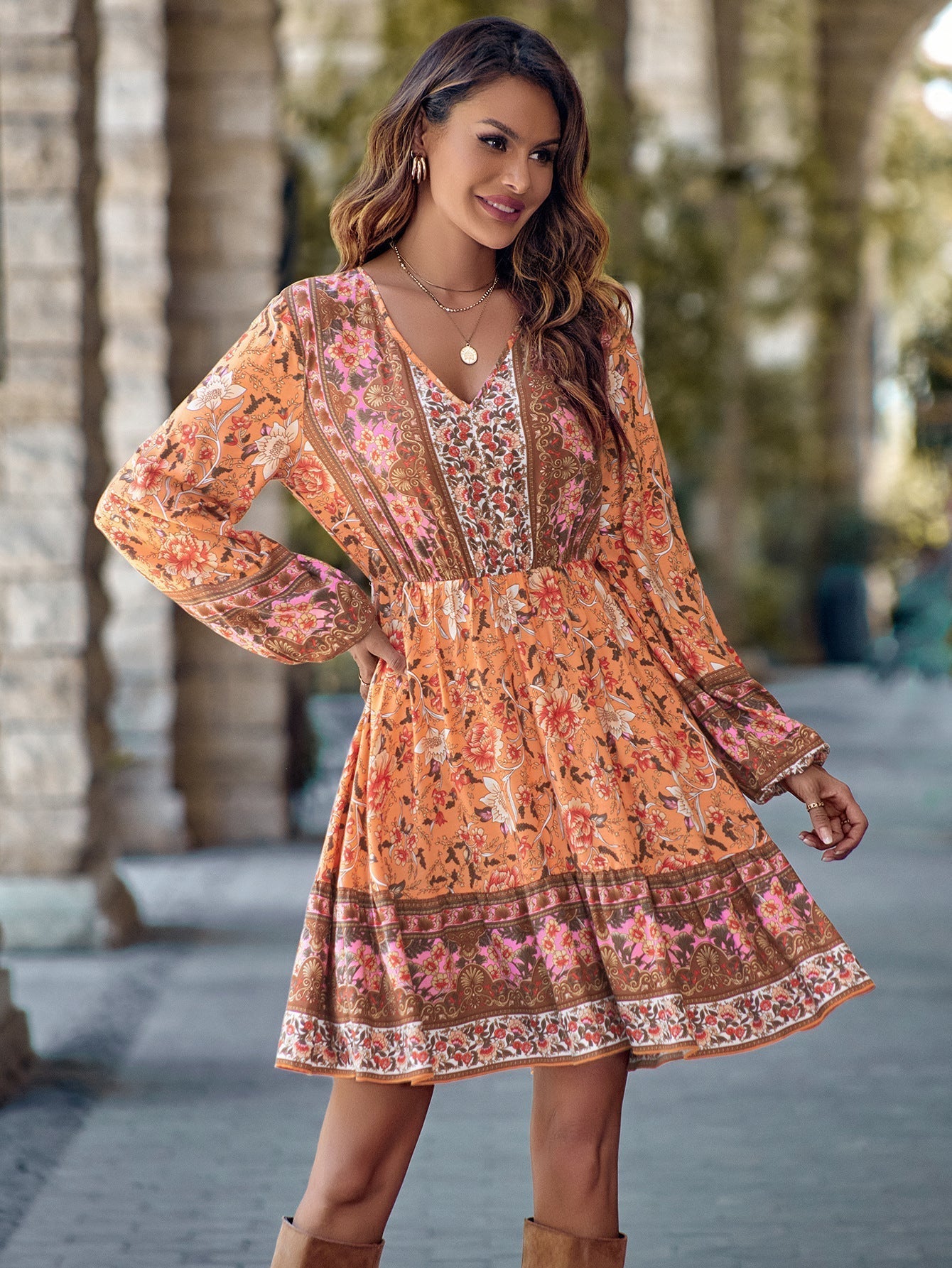 Long-Sleeved Printed Dress