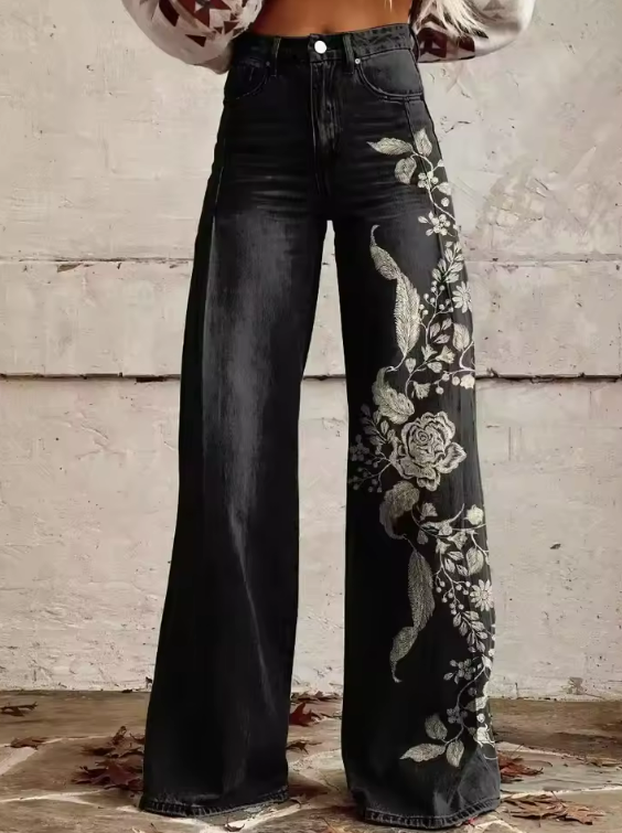 Marla | Black Bloom Wide-Leg Embroidered Pants