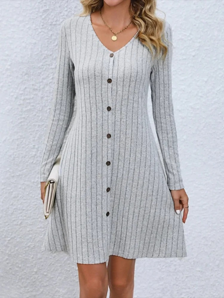 V-Neck Button Placket Dress
