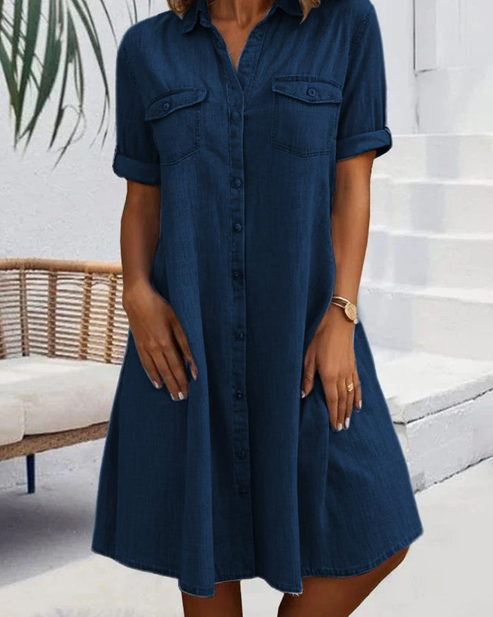 Sveta Short-Sleeved Denim Dress with Button Placket