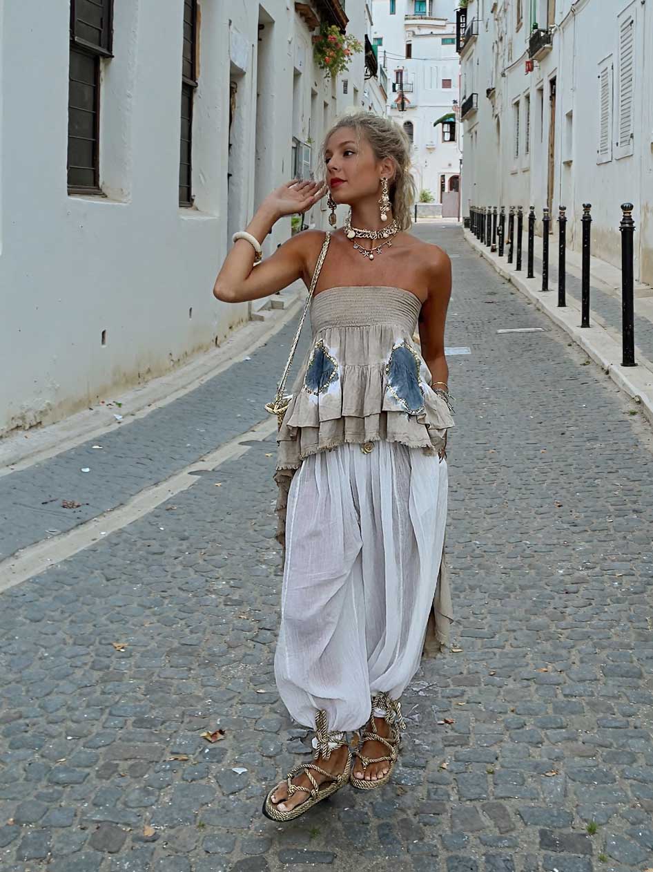 Bohemian Breeze Set™ 2.0 – Layered Ruffle Strapless Top and Sheer Drawstring Harem Pants