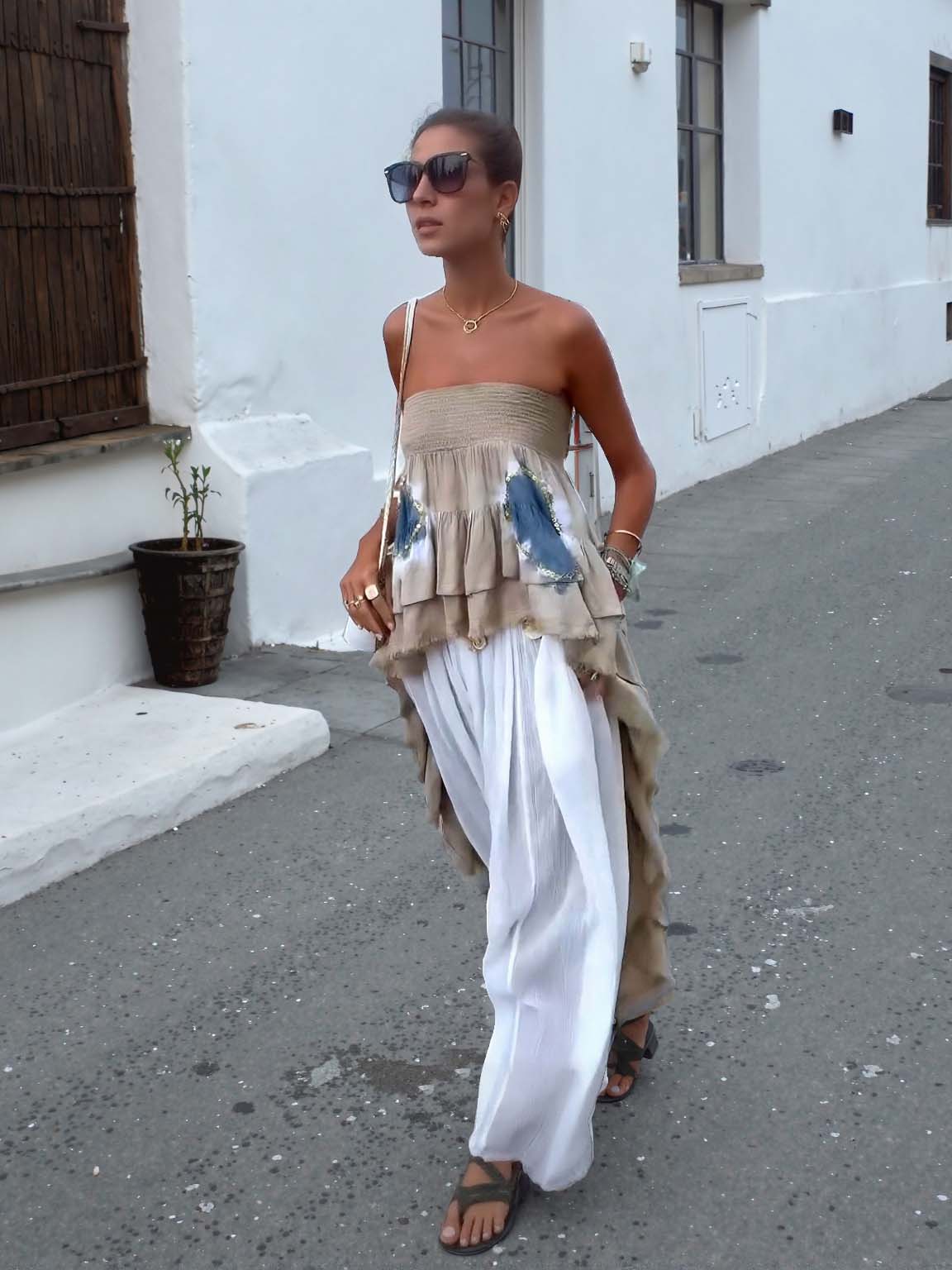 Bohemian Breeze Set™ 2.0 – Layered Ruffle Strapless Top and Sheer Drawstring Harem Pants