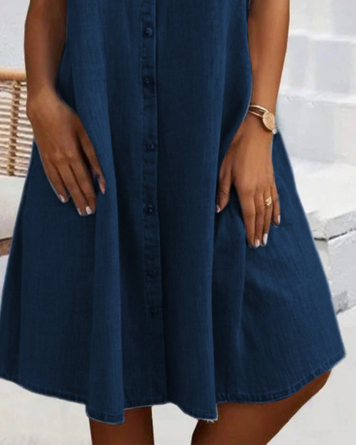 Sveta Short-Sleeved Denim Dress with Button Placket