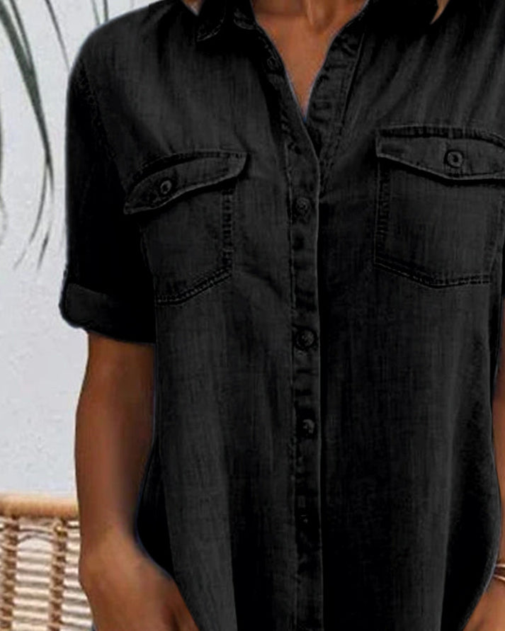Sveta Short-Sleeved Denim Dress with Button Placket