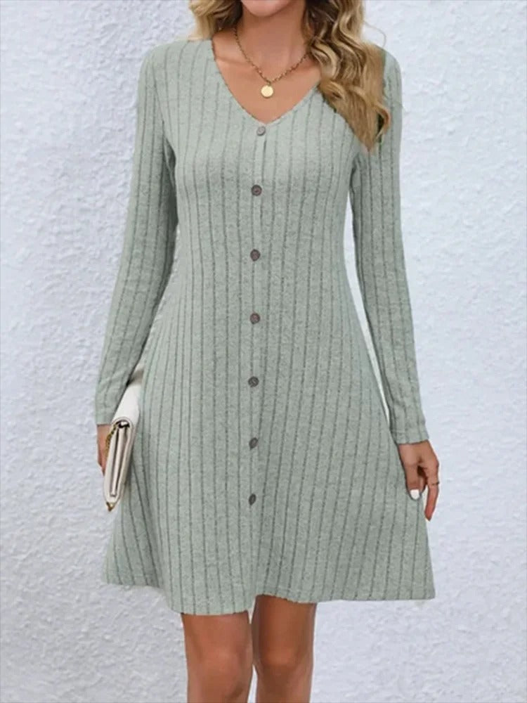 V-Neck Button Placket Dress