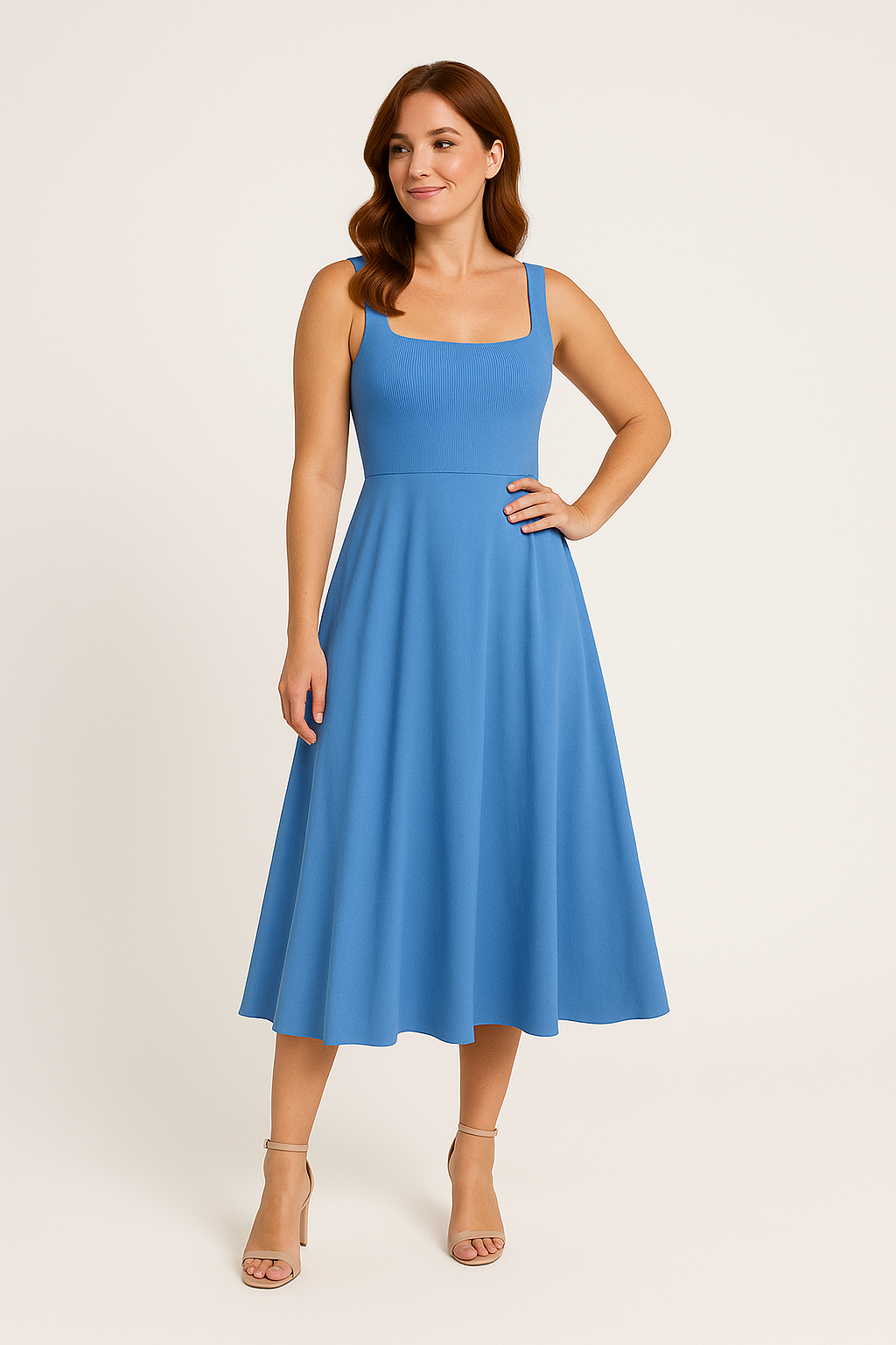 SOHO | Summer Women's A-Line Midi Dress with Square Neckline