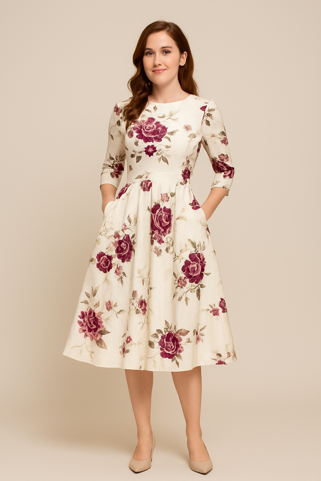 SOHO | Women's Floral Summer Dress with A-Line and 3/4 Sleeves, Airy & Light