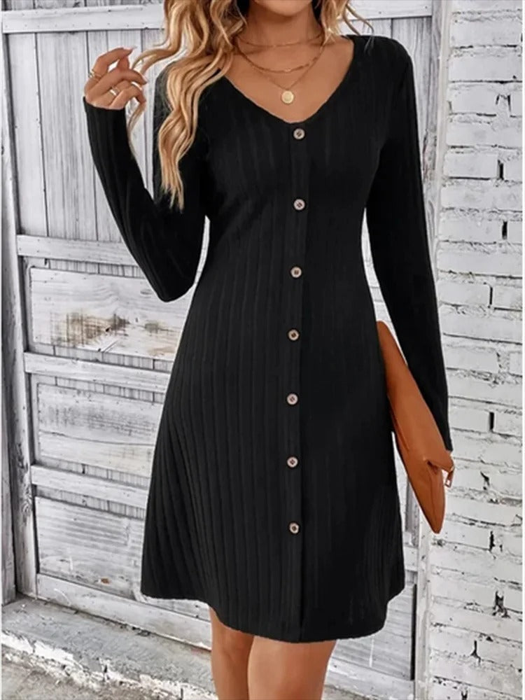 V-Neck Button Placket Dress