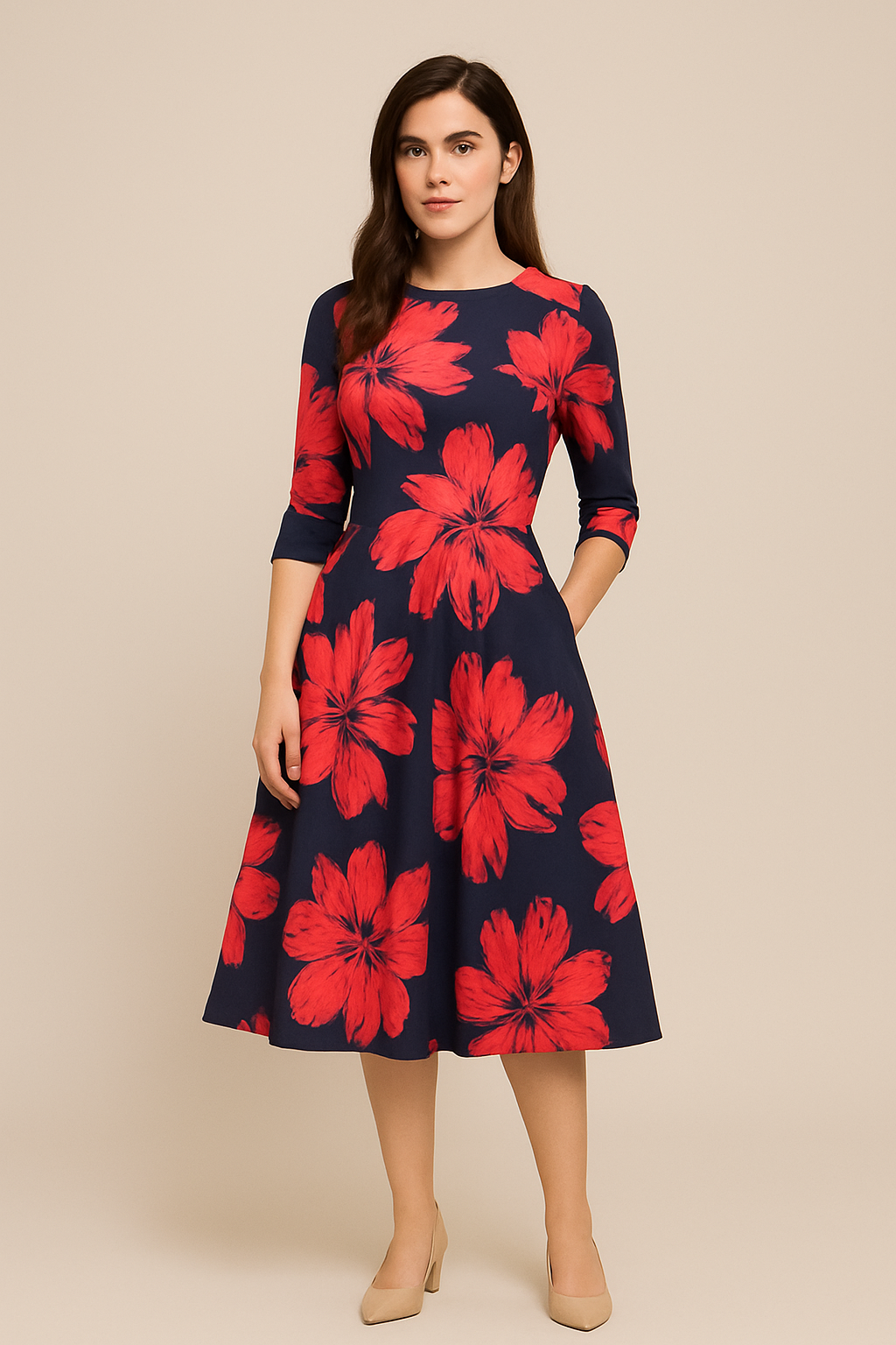 SOHO | Women's Floral Summer Dress with A-Line and 3/4 Sleeves, Airy & Light