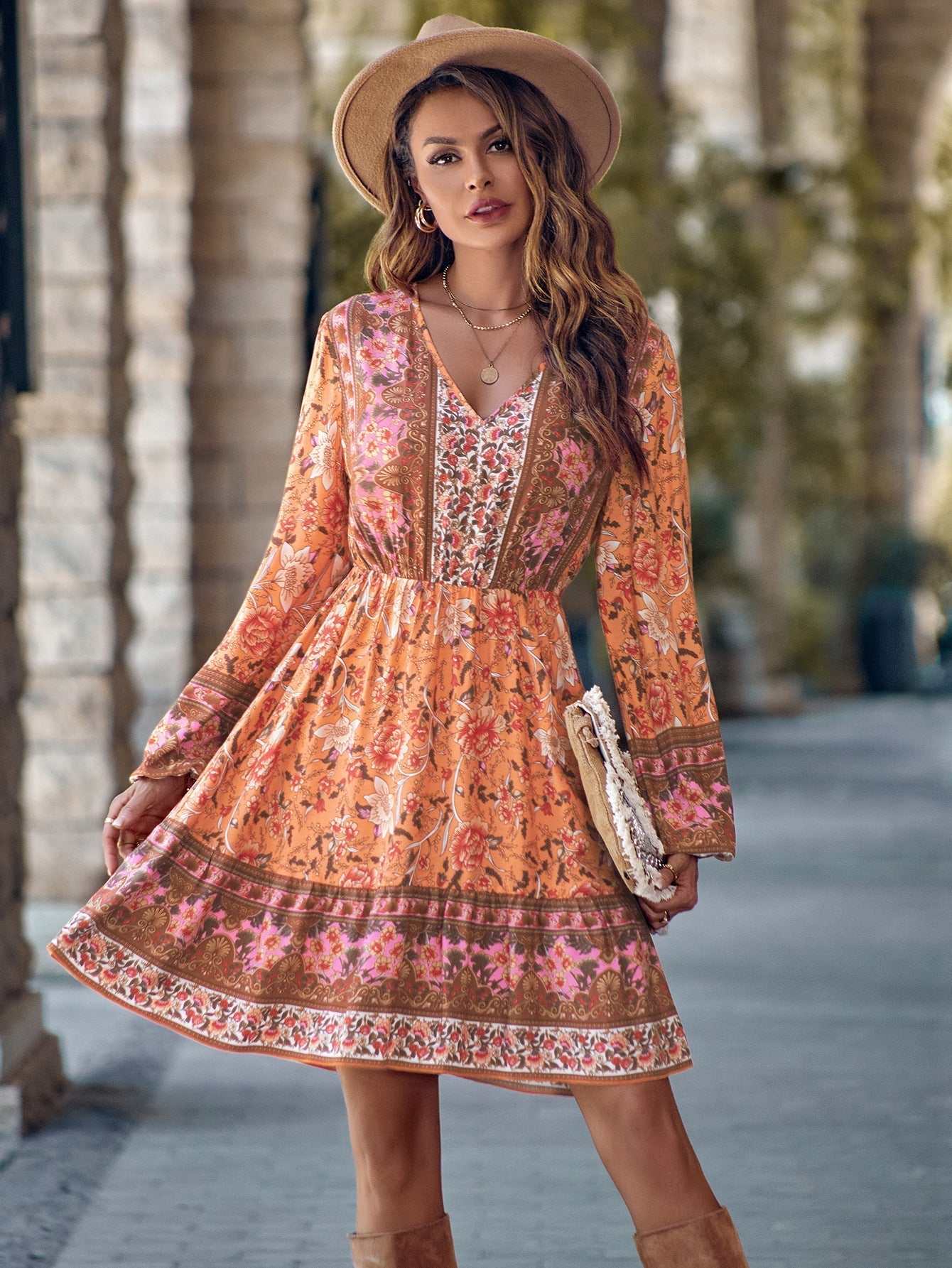 Long-Sleeved Printed Dress