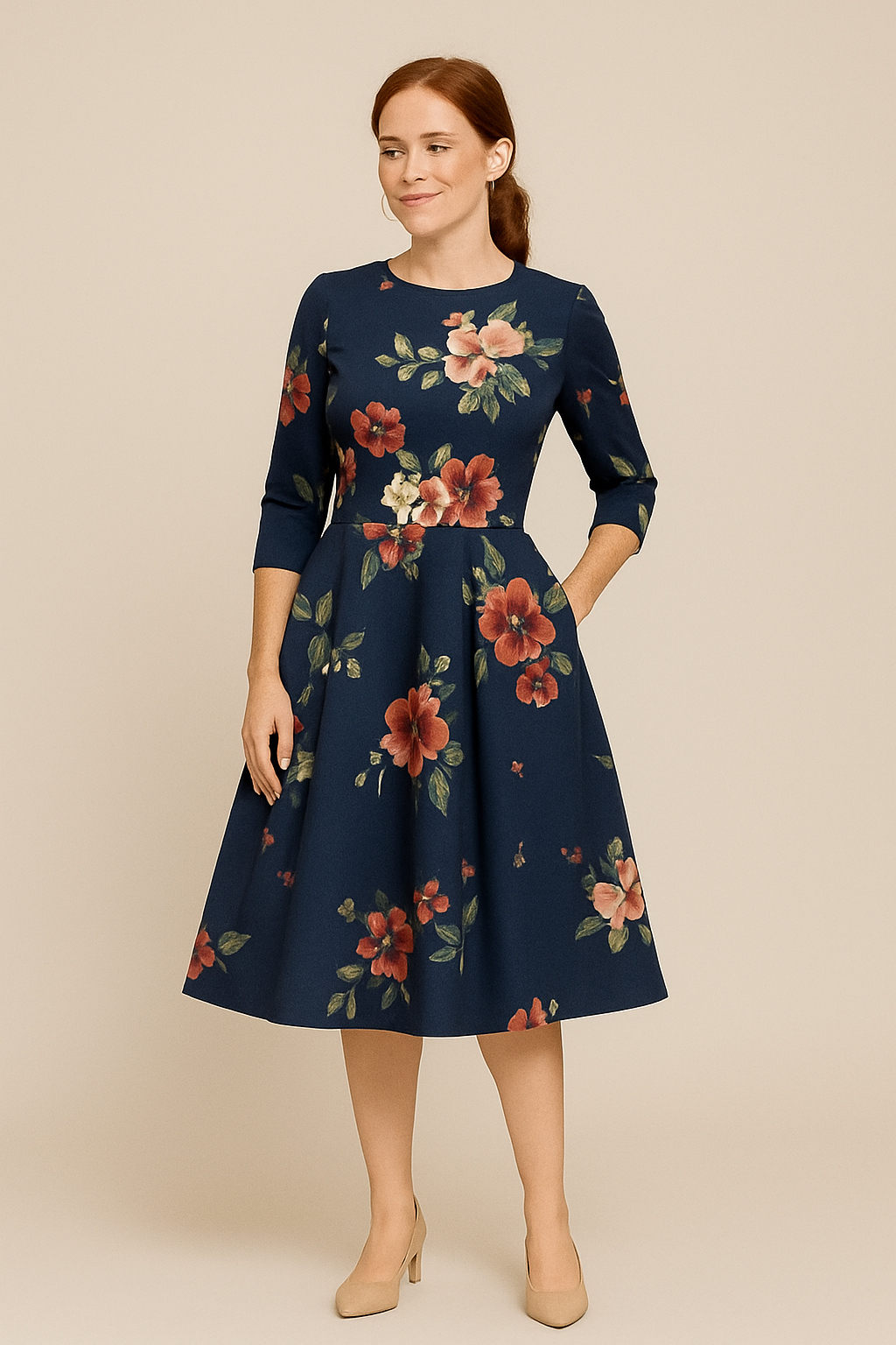 SOHO | Women's Floral Summer Dress with A-Line and 3/4 Sleeves, Airy & Light