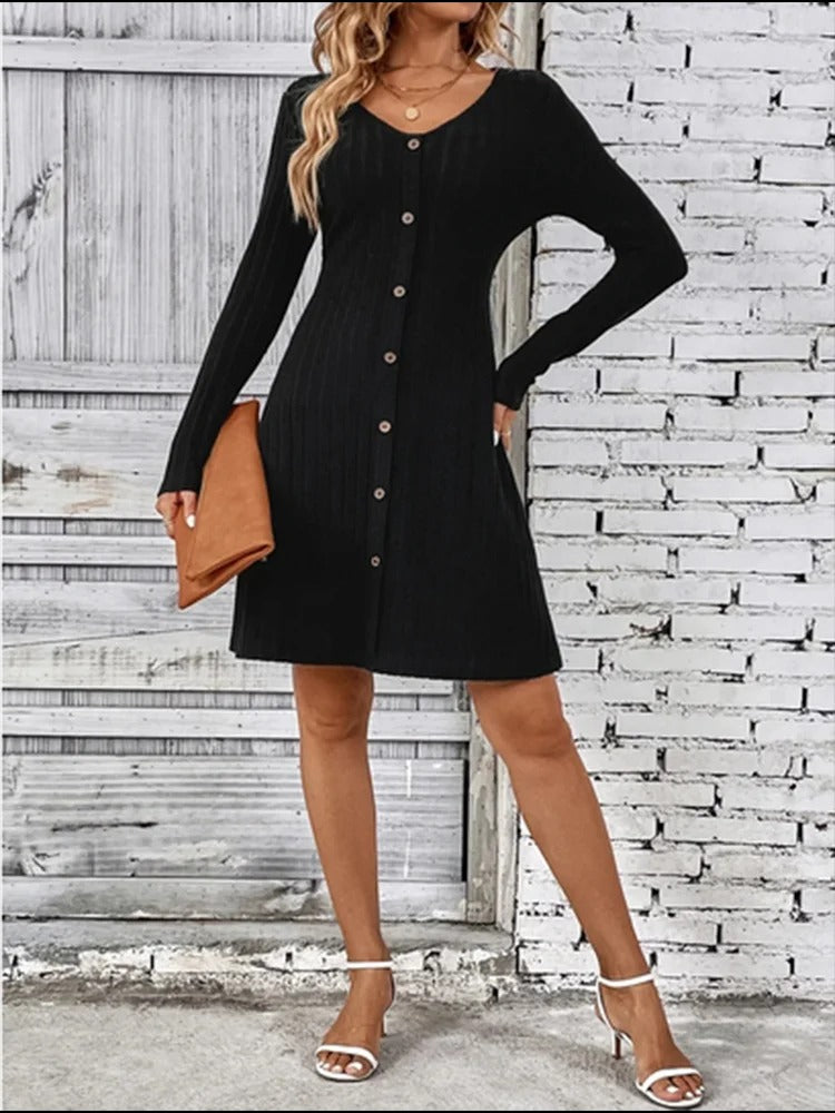 V-Neck Button Placket Dress