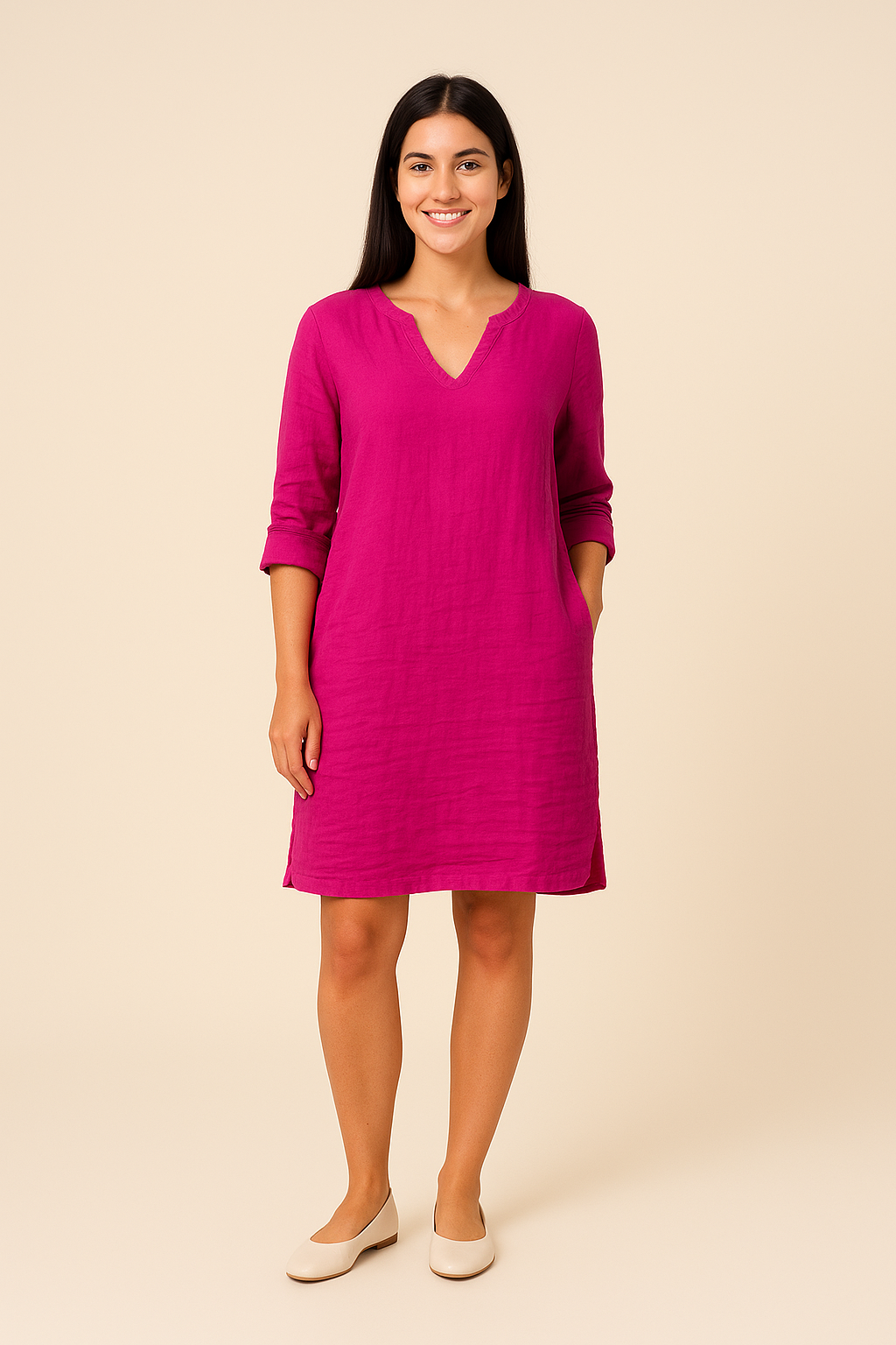 SOHO | Women's Festive Summer Dress in Linen Style with V-Neck