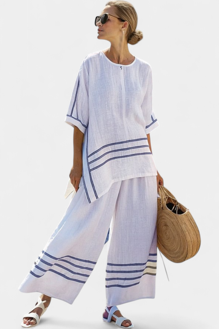Complete with wide striped pants with irregular cut - modern and comfortable style