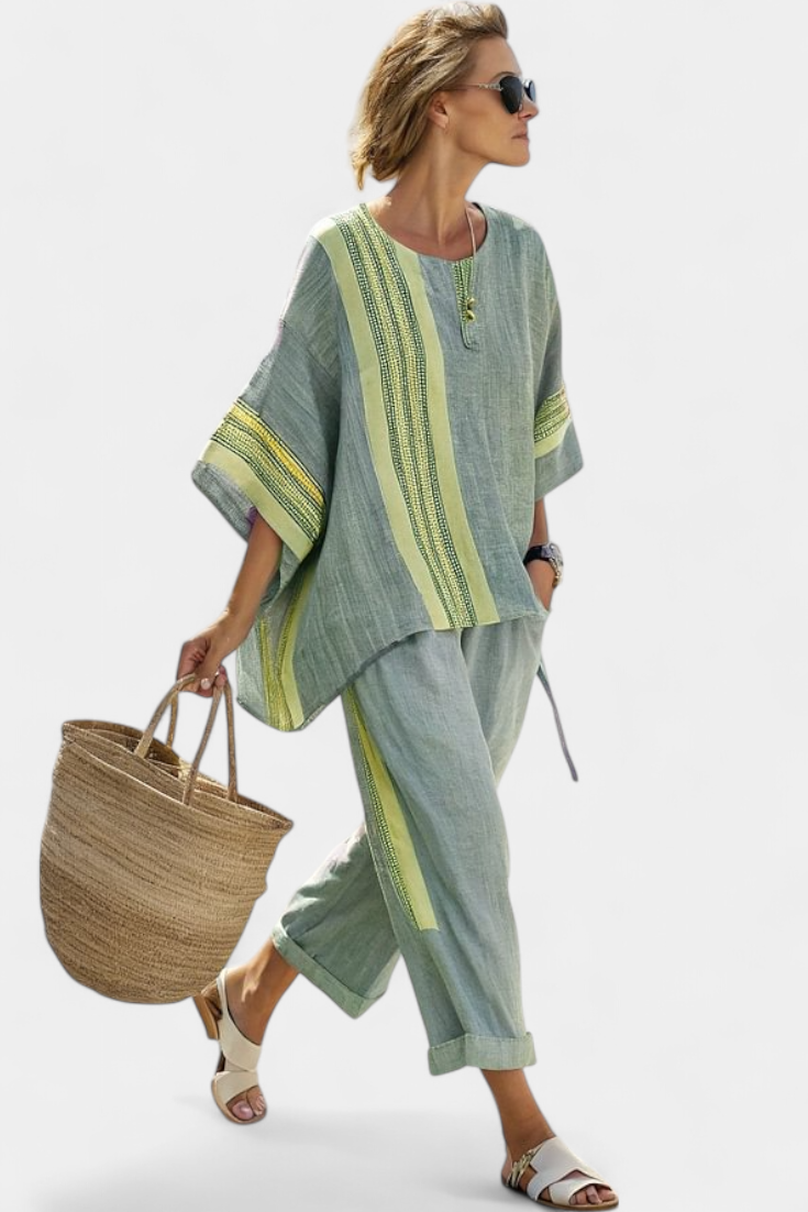 Set in bamboo linen with enchanting lavender and yellow striped details