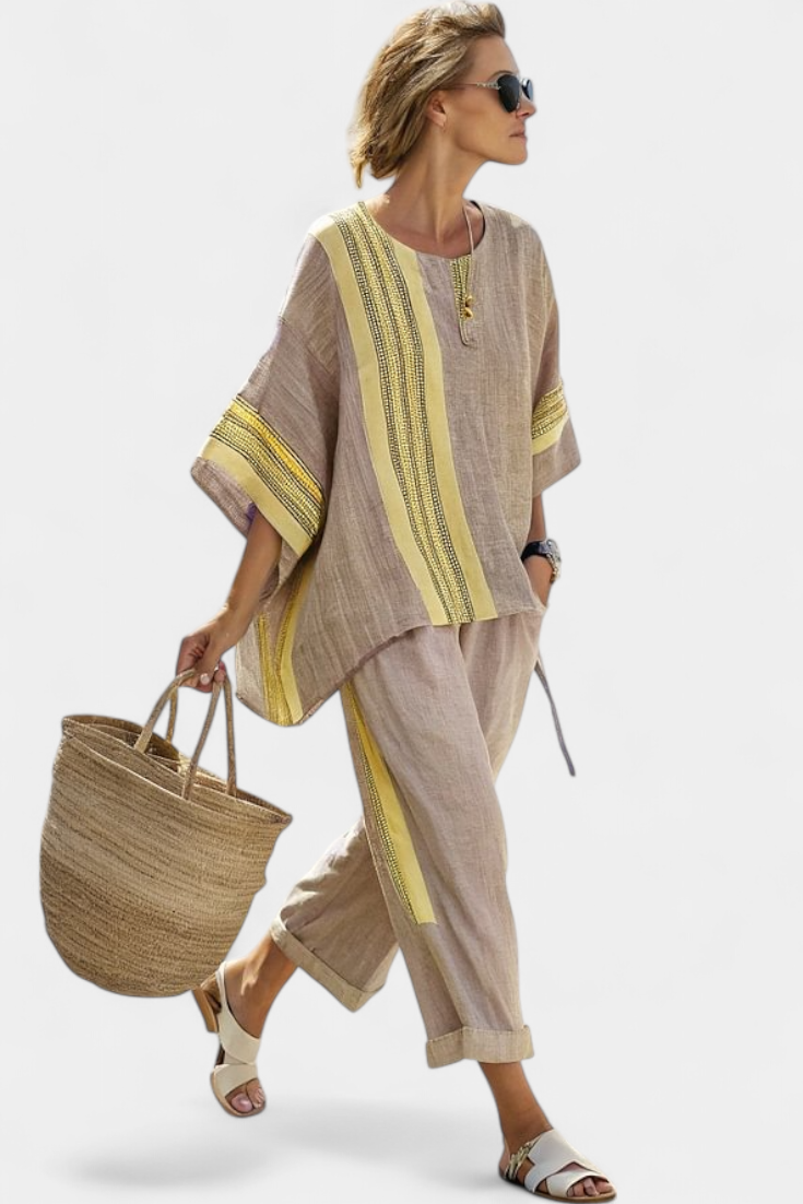 Set in bamboo linen with enchanting lavender and yellow striped details