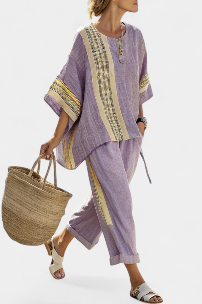 Set in bamboo linen with enchanting lavender and yellow striped details
