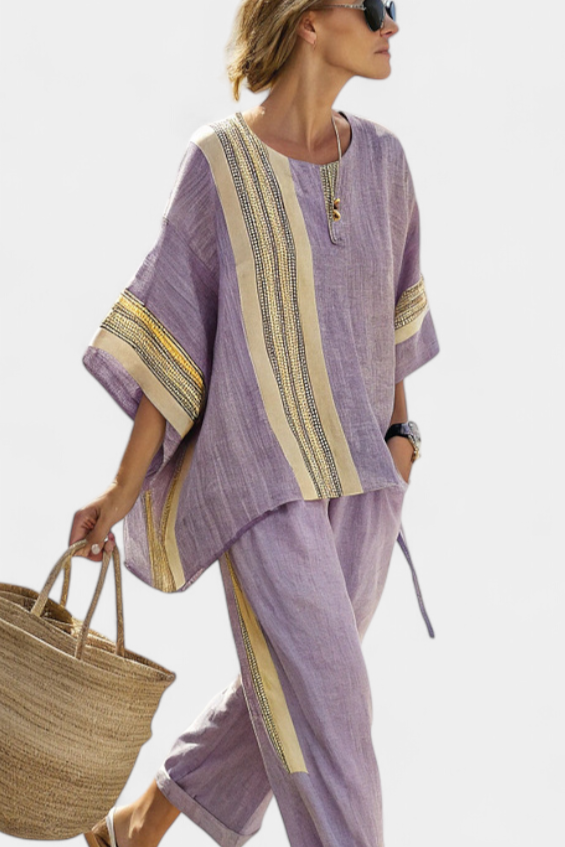 Set in bamboo linen with enchanting lavender and yellow striped details