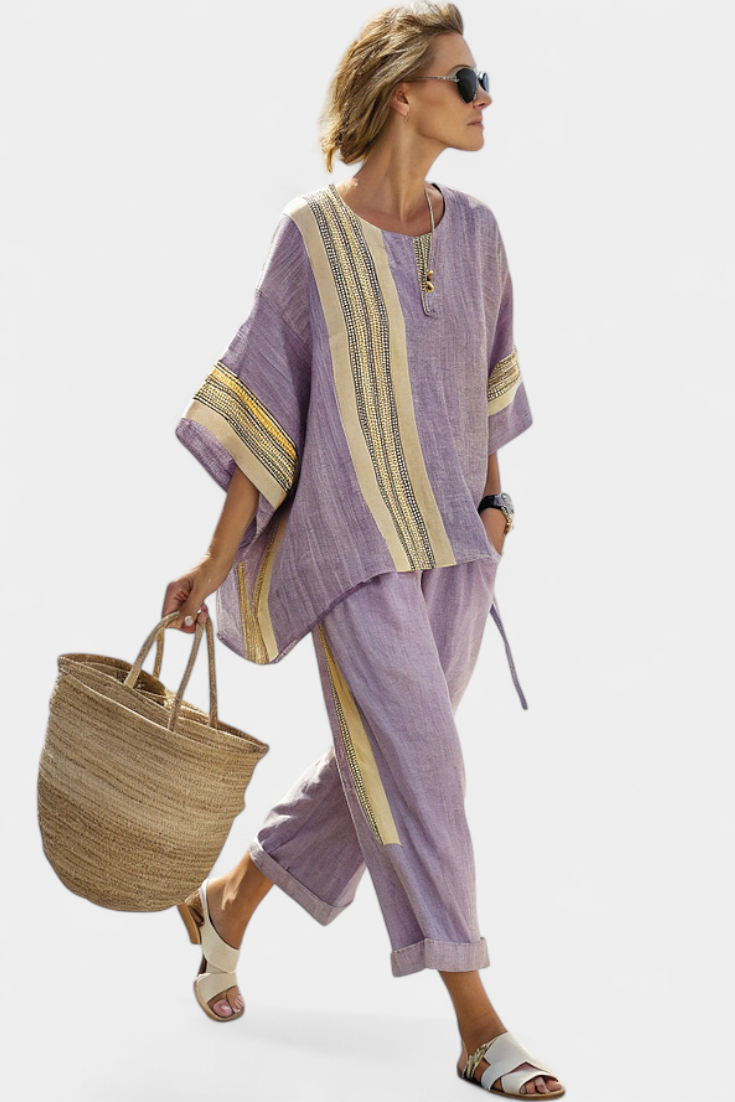 Set in bamboo linen with enchanting lavender and yellow striped details