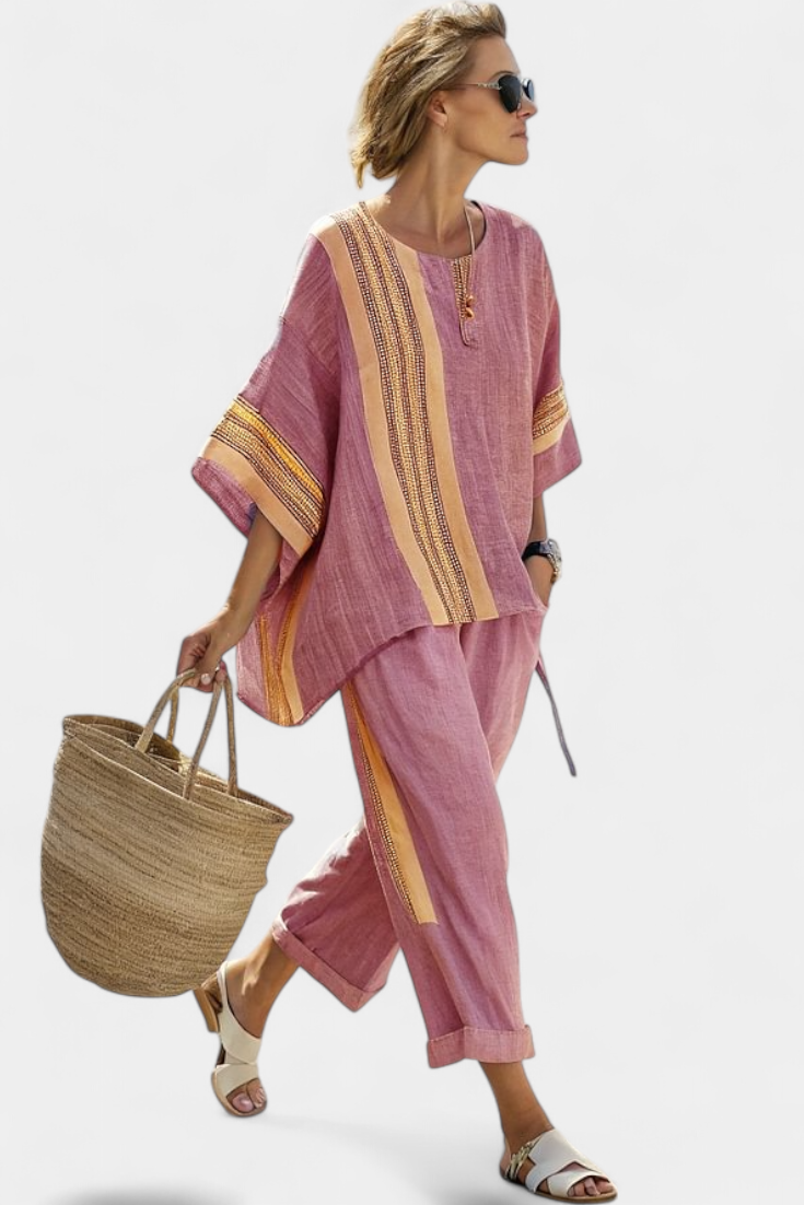 Set in bamboo linen with enchanting lavender and yellow striped details