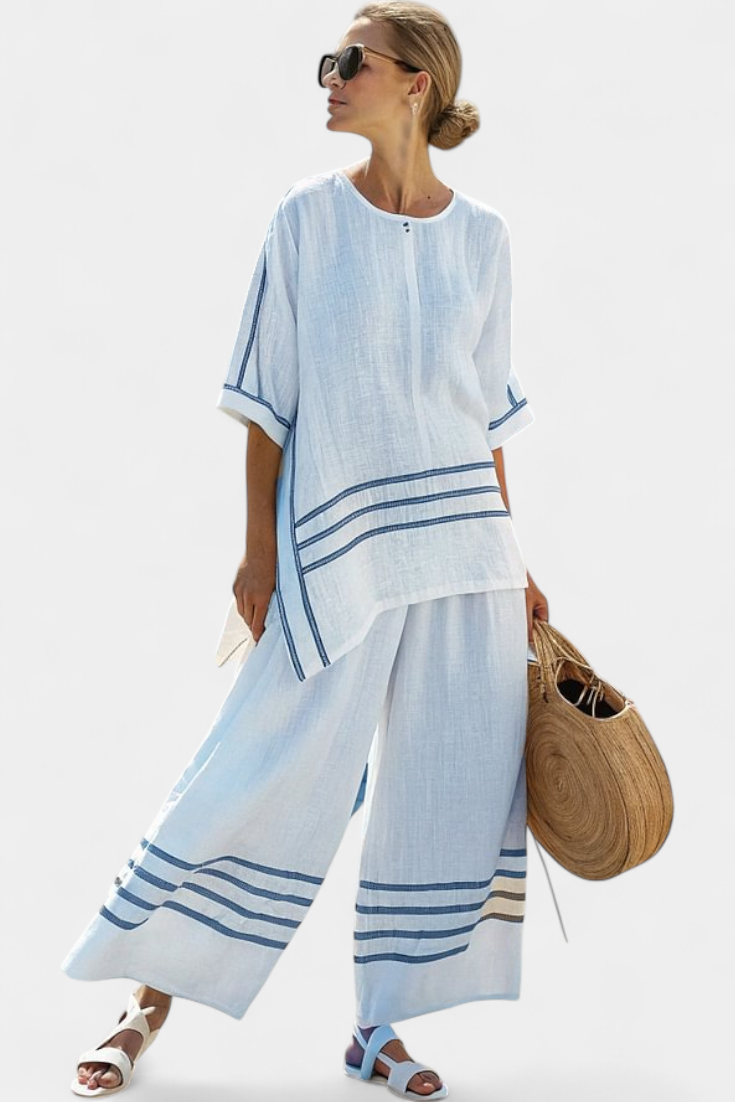 Complete with wide striped pants with irregular cut - modern and comfortable style