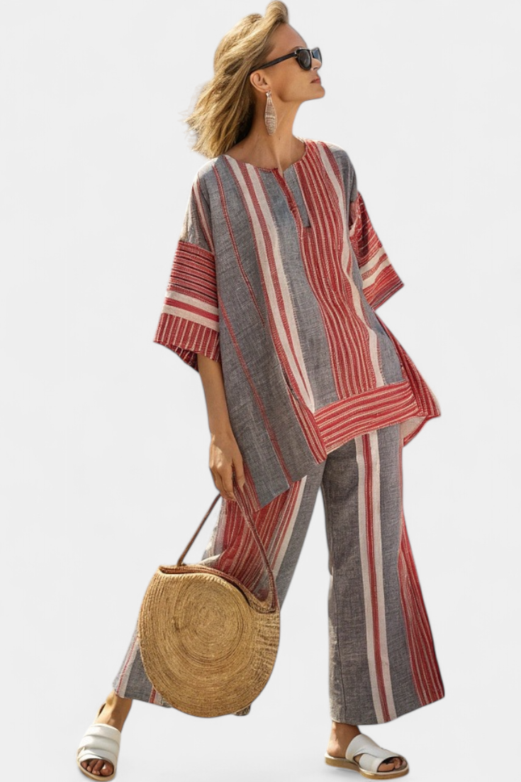 Complete Oversized Daisy in Linen with Coral and Gray Striped Skirt, Modern and Comfortable Style