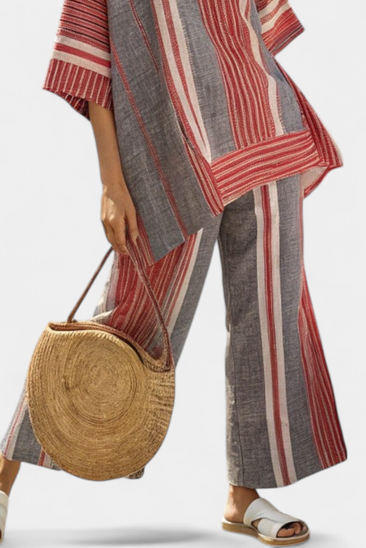 Complete Oversized Daisy in Linen with Coral and Gray Striped Skirt, Modern and Comfortable Style