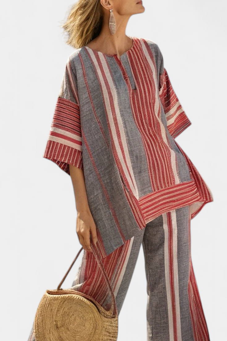 Complete Oversized Daisy in Linen with Coral and Gray Striped Skirt, Modern and Comfortable Style