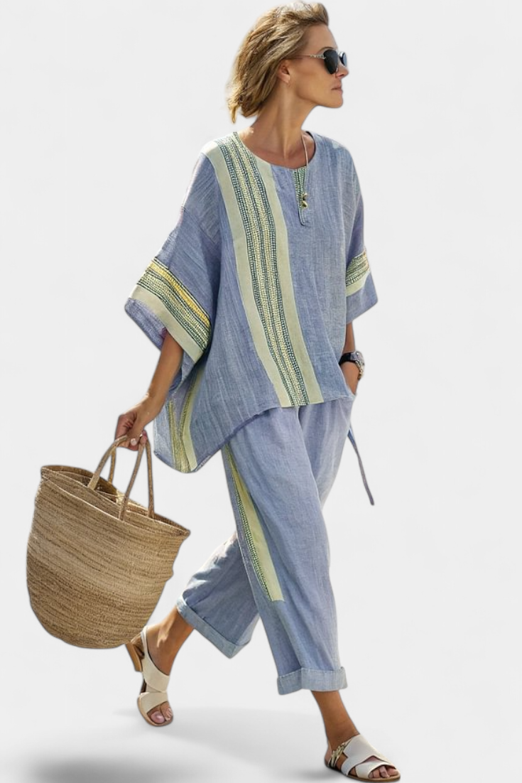 Set in bamboo linen with enchanting lavender and yellow striped details