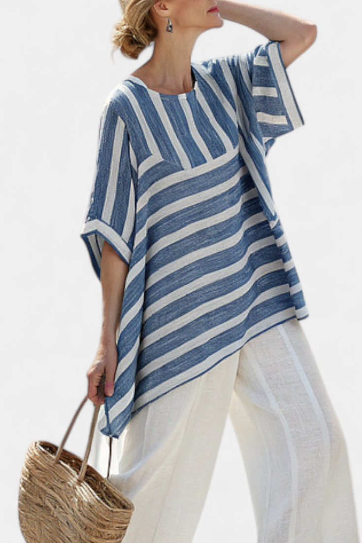 Elegant Mediterranean Linen Set with Blue Stripes and Hem-Finished Pants for a Fresh and Stylish Look