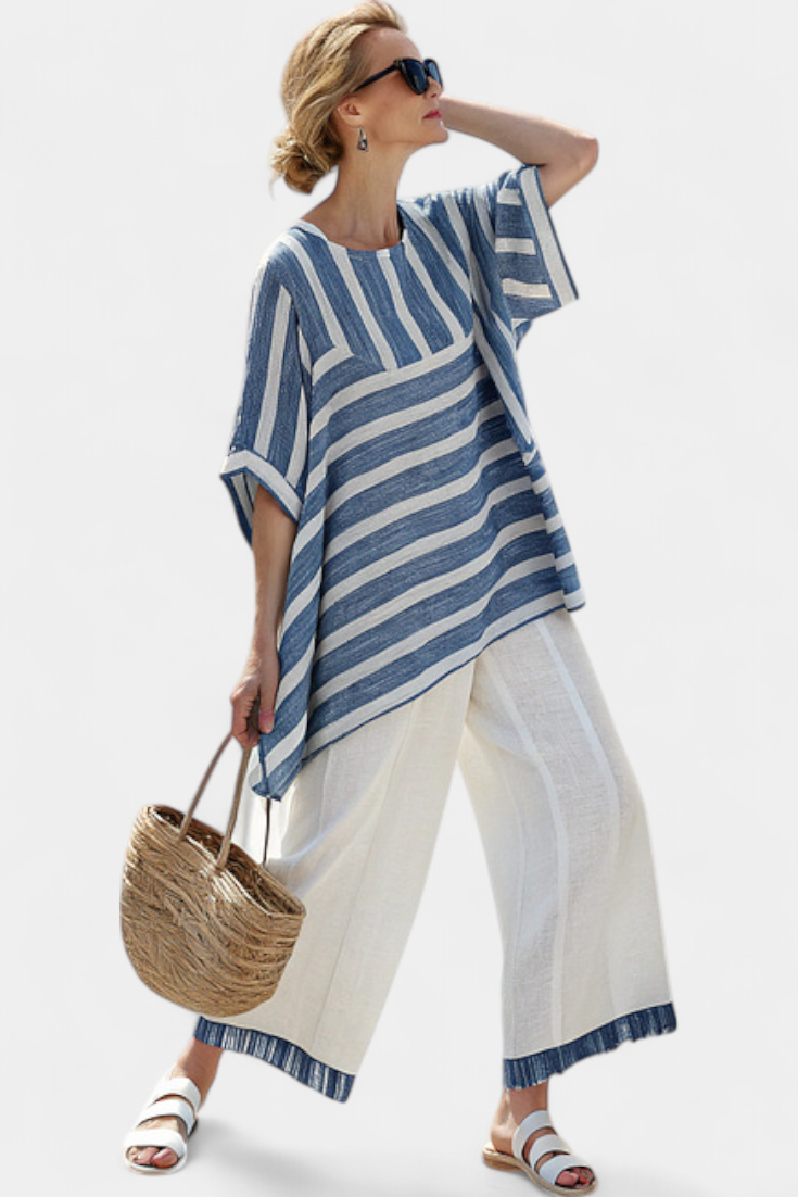 Elegant Mediterranean Linen Set with Blue Stripes and Hem-Finished Pants for a Fresh and Stylish Look