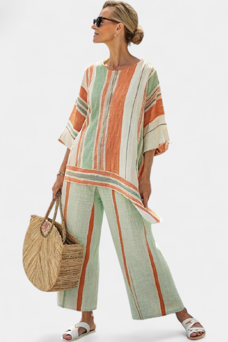 Elegant Striped Bamboo Linen Set with Asymmetrical Blouse and Wide Pants for a Refined Style