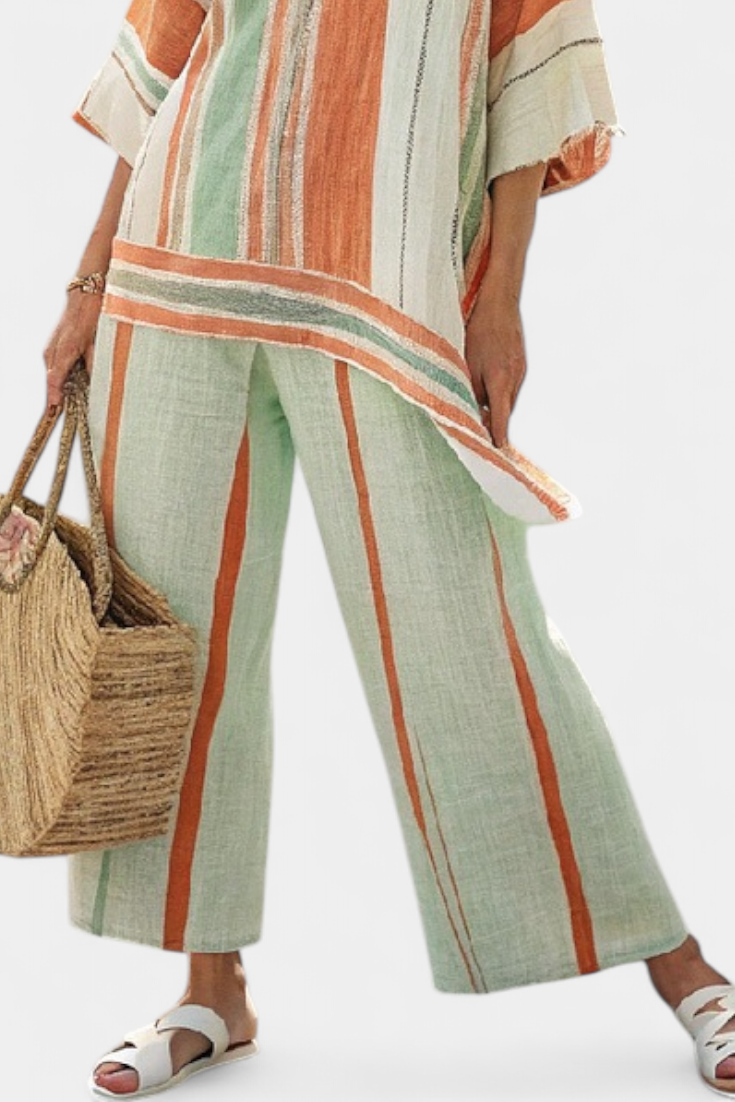 Elegant Striped Bamboo Linen Set with Asymmetrical Blouse and Wide Pants for a Refined Style
