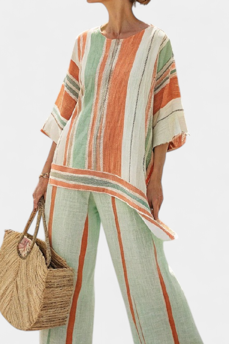 Elegant Striped Bamboo Linen Set with Asymmetrical Blouse and Wide Pants for a Refined Style