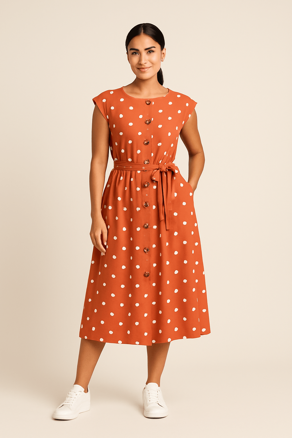 SOHO | Women's Midi Dress with Polka Dot Pattern and Tie Belt