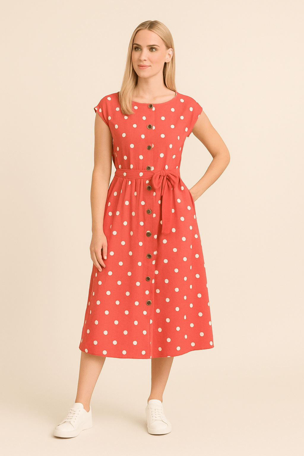 SOHO | Women's Midi Dress with Polka Dot Pattern and Tie Belt