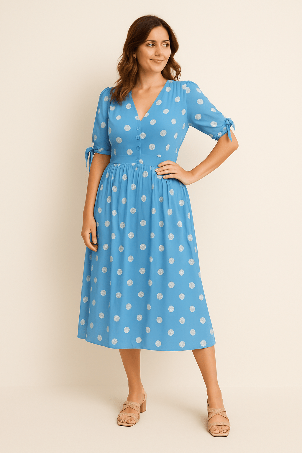 SOHO | Women's Midi Dress Light and Airy with Dots and Tie Belt