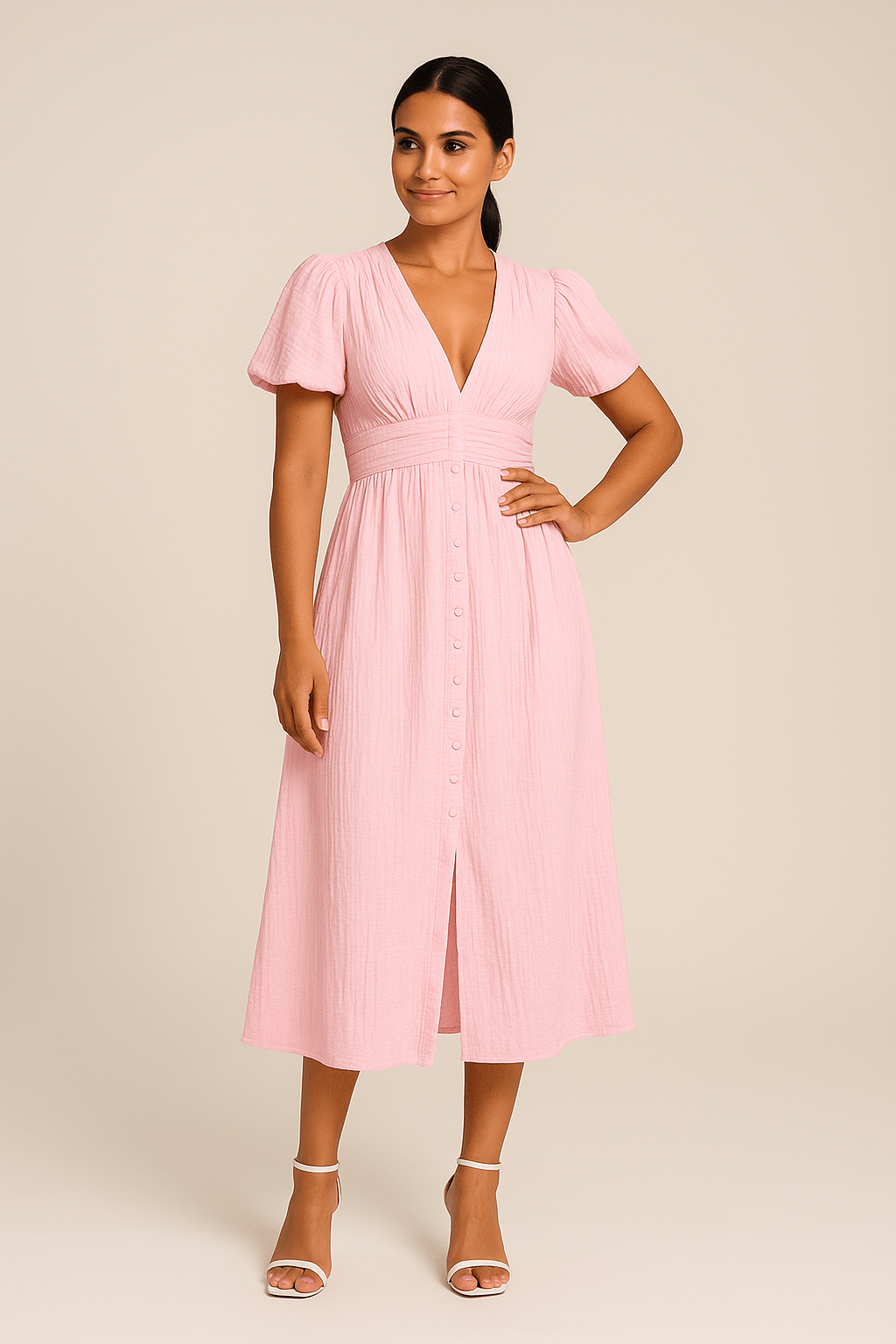 SOHO | Women's Maxi Dress Airy-Light with Button Placket and Puff Sleeves