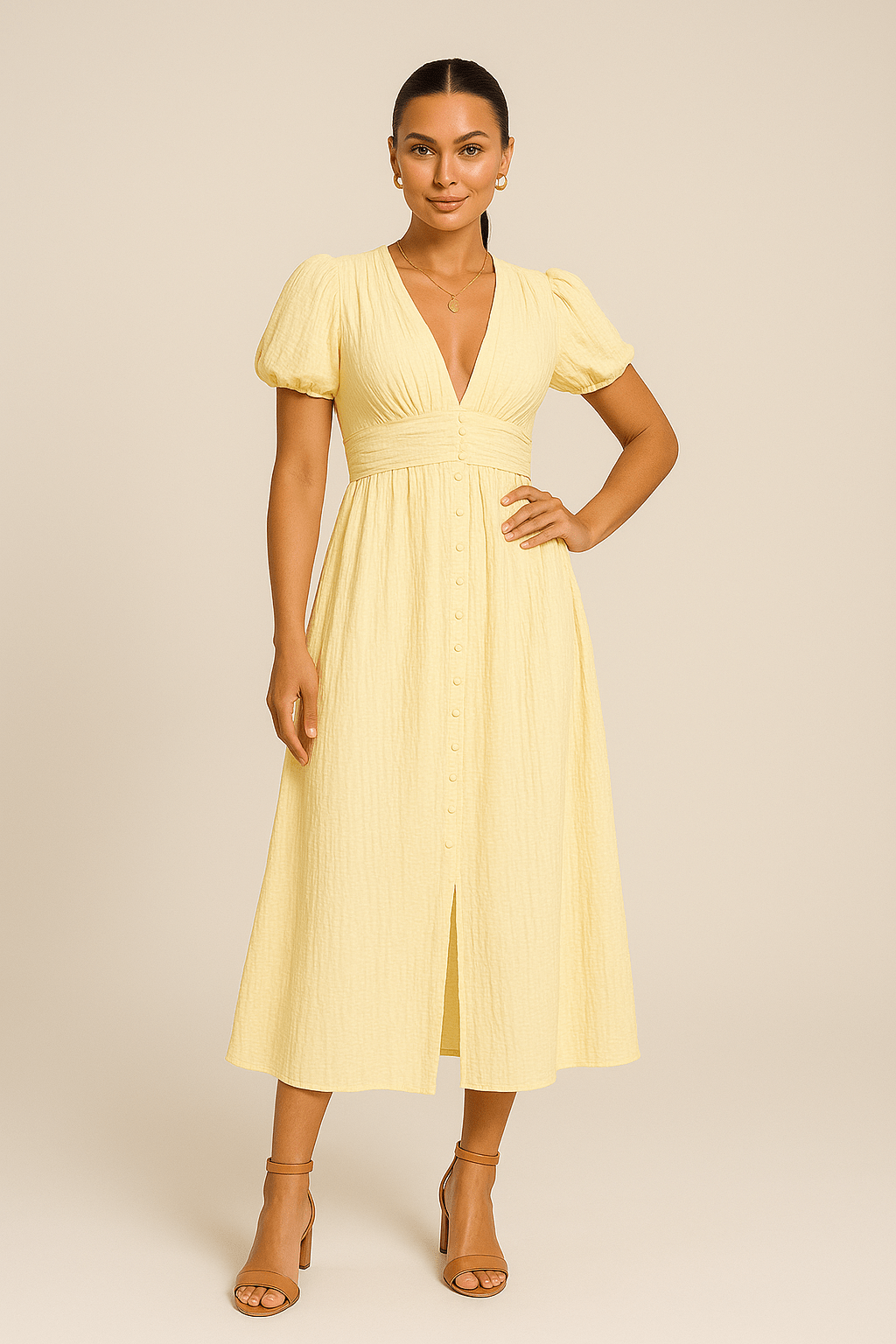 SOHO | Women's Maxi Dress Airy-Light with Button Placket and Puff Sleeves