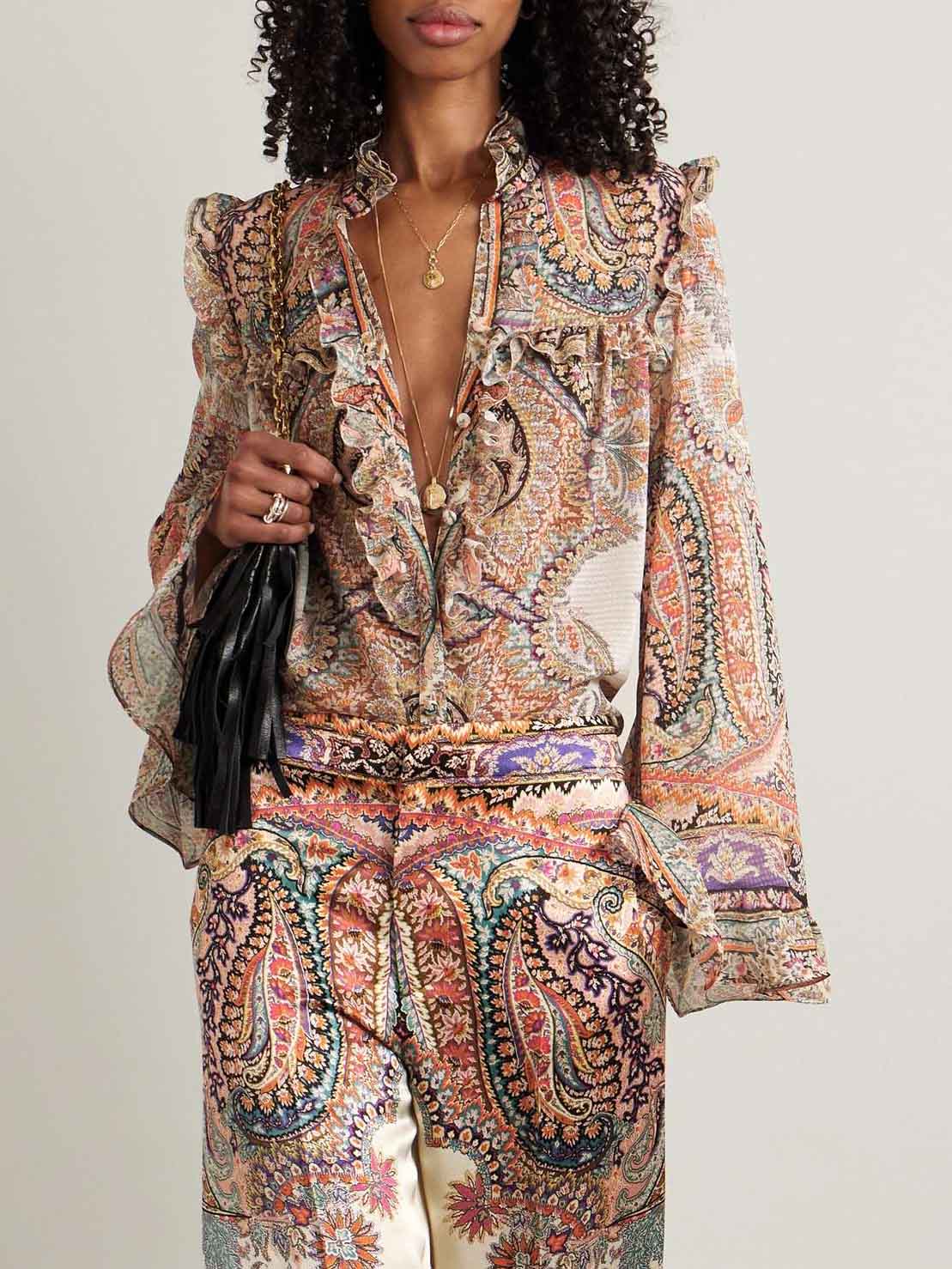 Exquisite Vintage Paisley Print Ruffled Shirt - Timeless Elegance with Feminine Charm