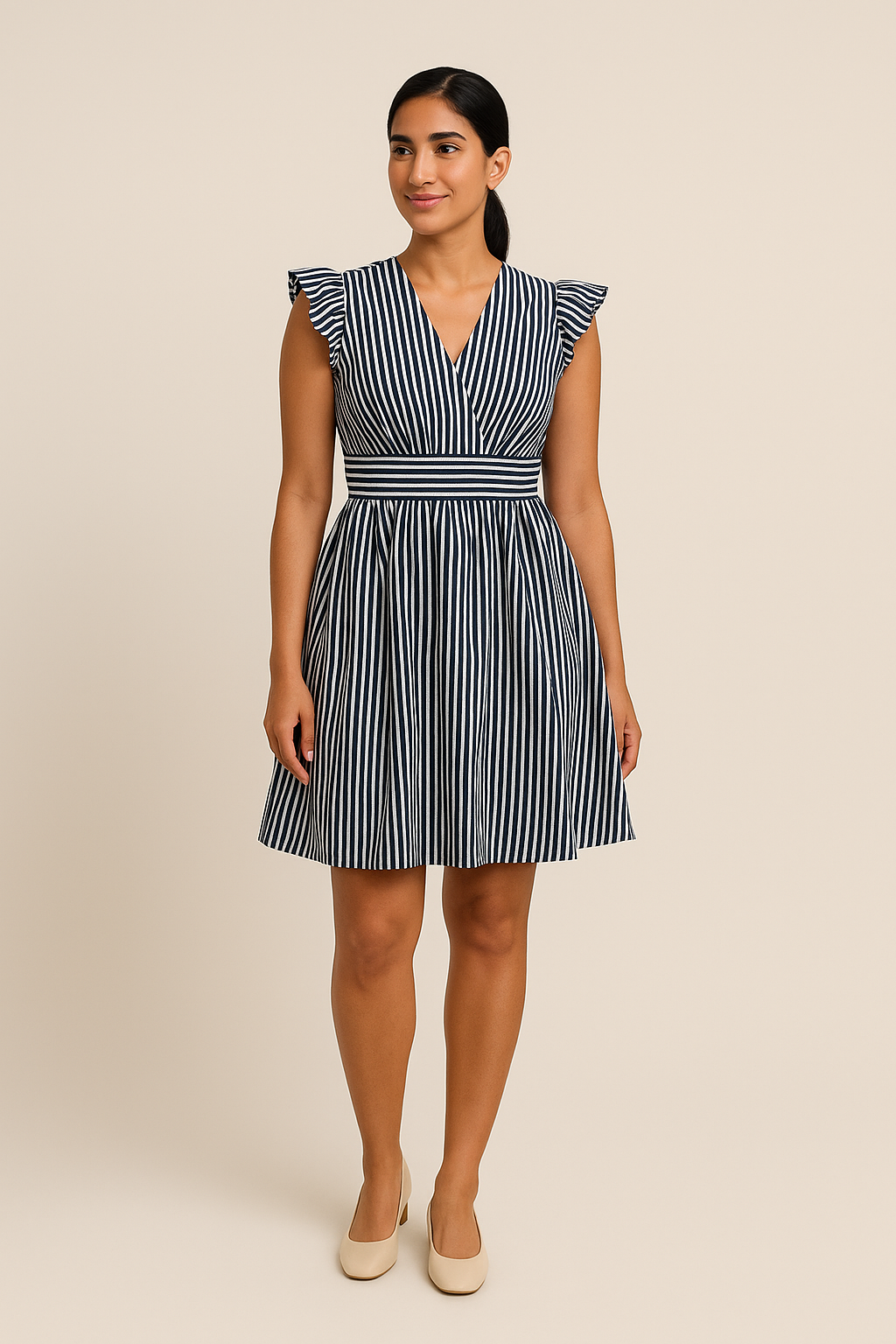 SOHO | Women's Striped Midi Dress with Ruffled Sleeves, Airy & Light