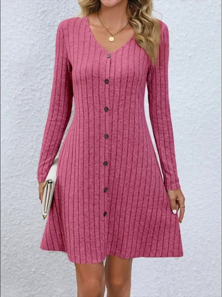 V-Neck Button Placket Dress