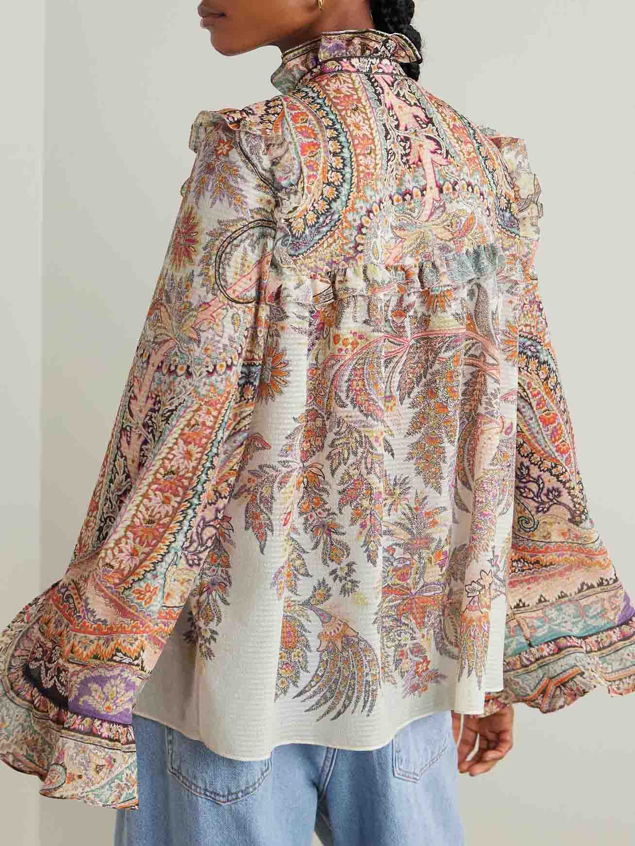 Exquisite Vintage Paisley Print Ruffled Shirt - Timeless Elegance with Feminine Charm