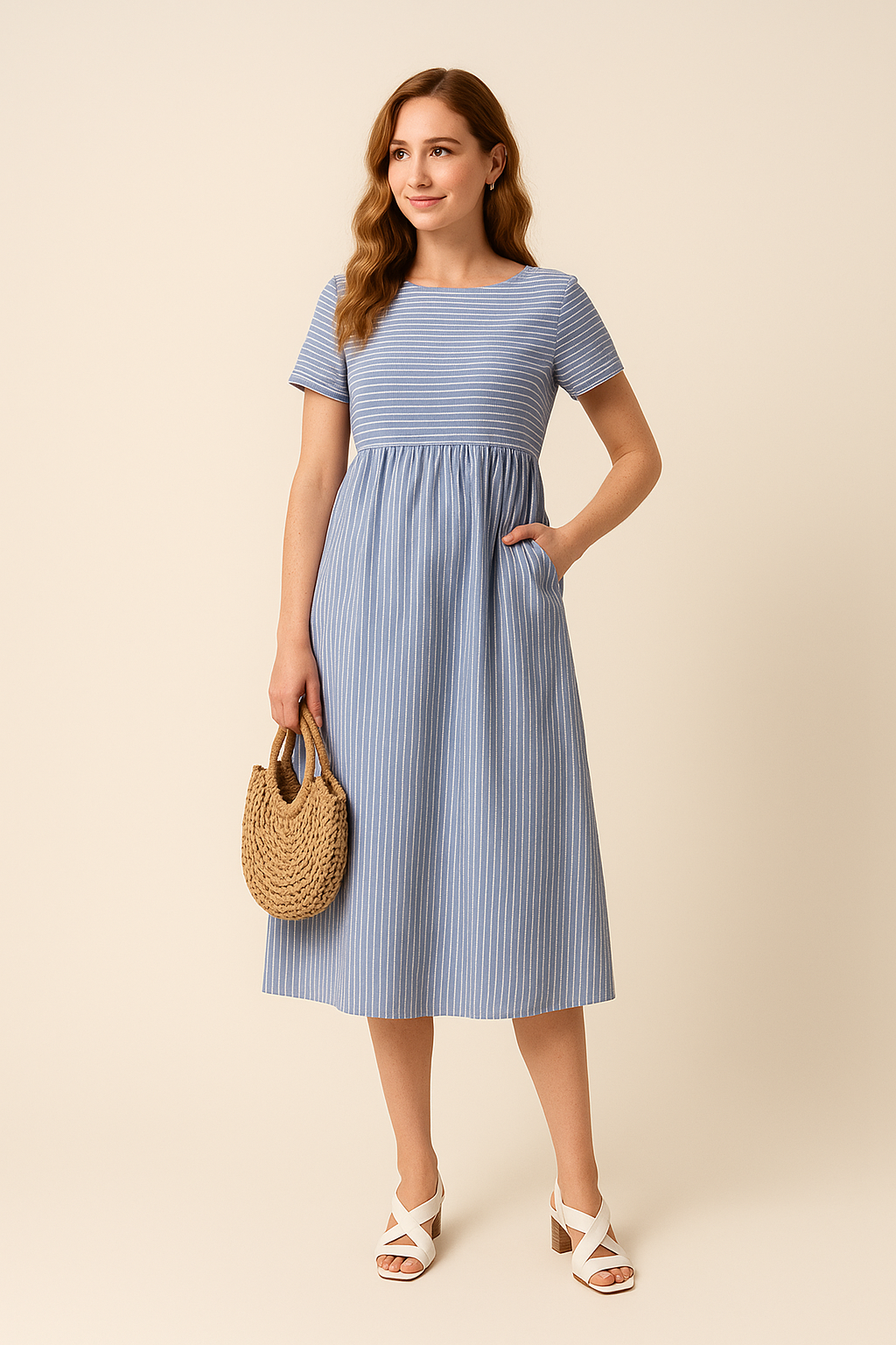 SOHO | Summer Women's Midi Dress in Cotton Look with Off-Shoulder Design