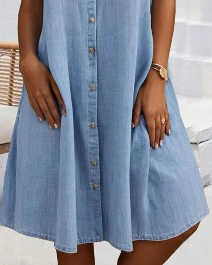 Sveta Short-Sleeved Denim Dress with Button Placket