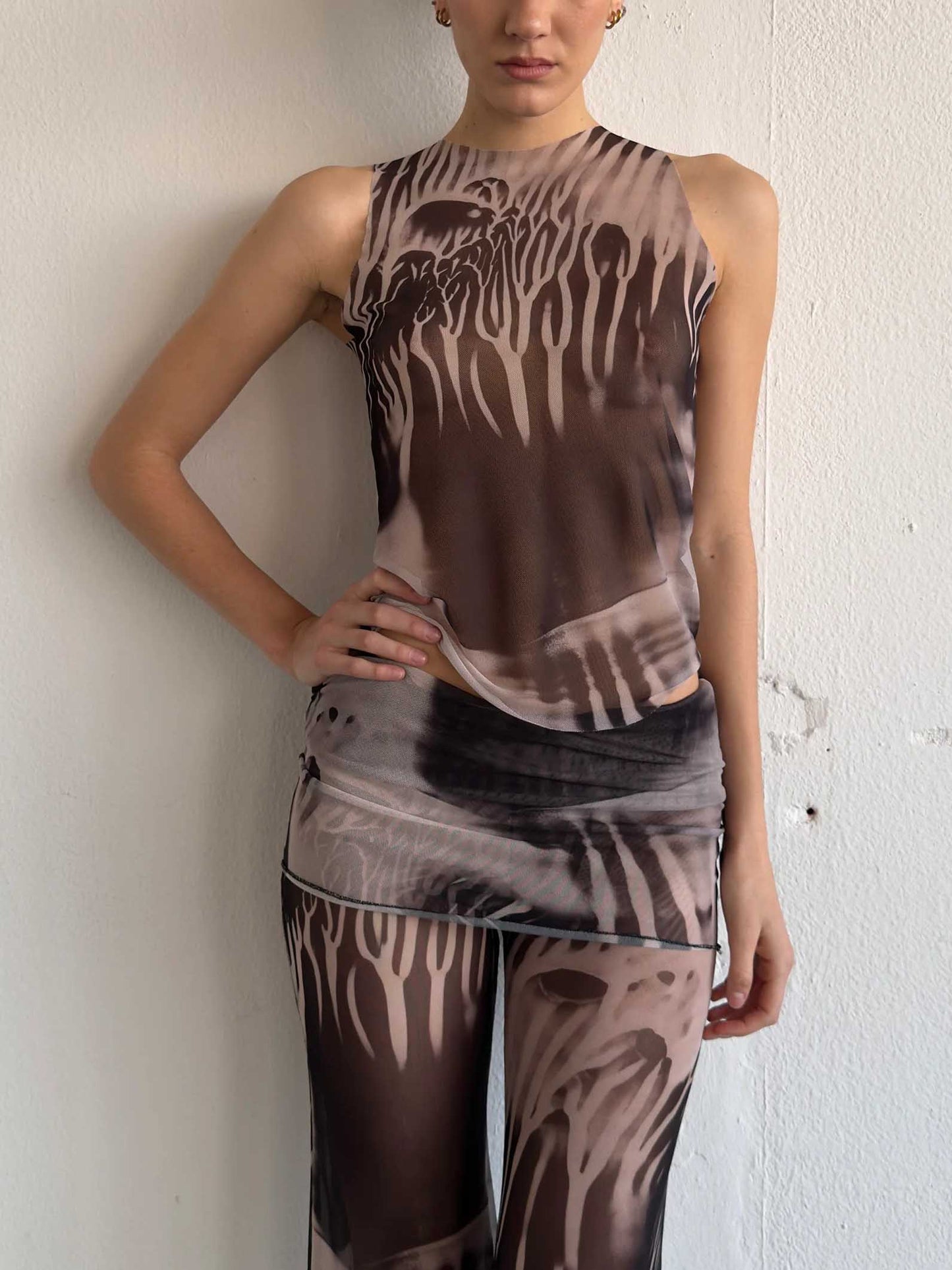 Unique Abstract Print Mesh Sleeveless Top, Earth Tones, Form-Fitting, High Neck Design