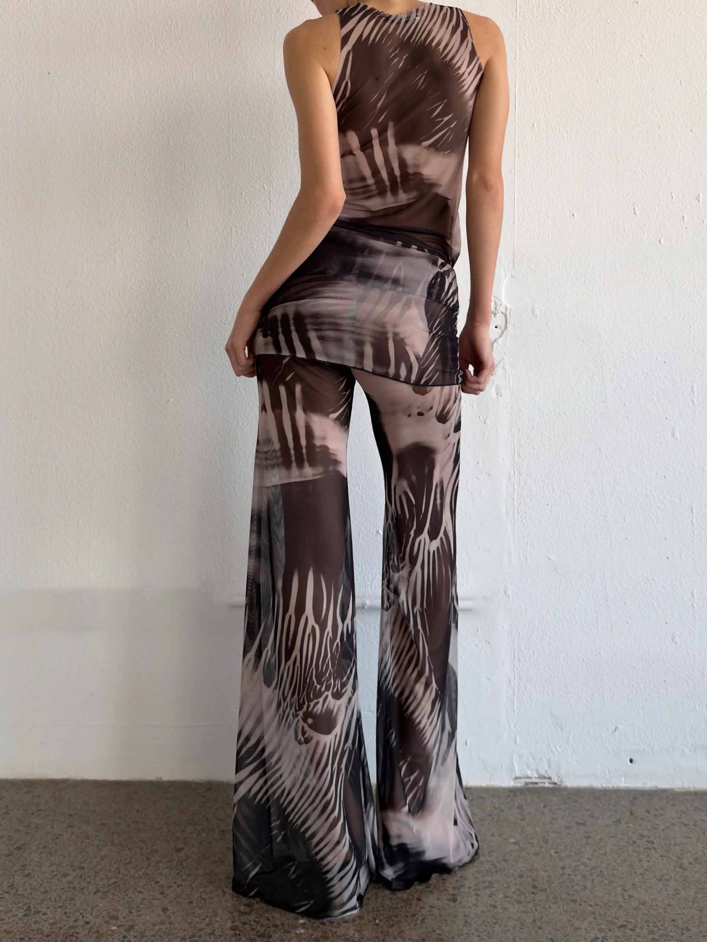 Unique Abstract Print Mesh Sleeveless Top, Earth Tones, Form-Fitting, High Neck Design