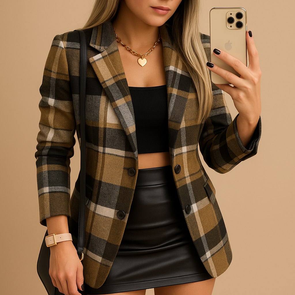 Rive™ | Long Padded Women's Coat with Check Pattern
